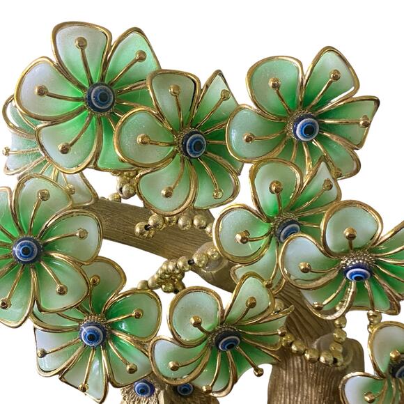 Turkish Blue Evil Eye Tree with Painted Golden Owl Statue Artificial Flowers - Picture 2 of 9